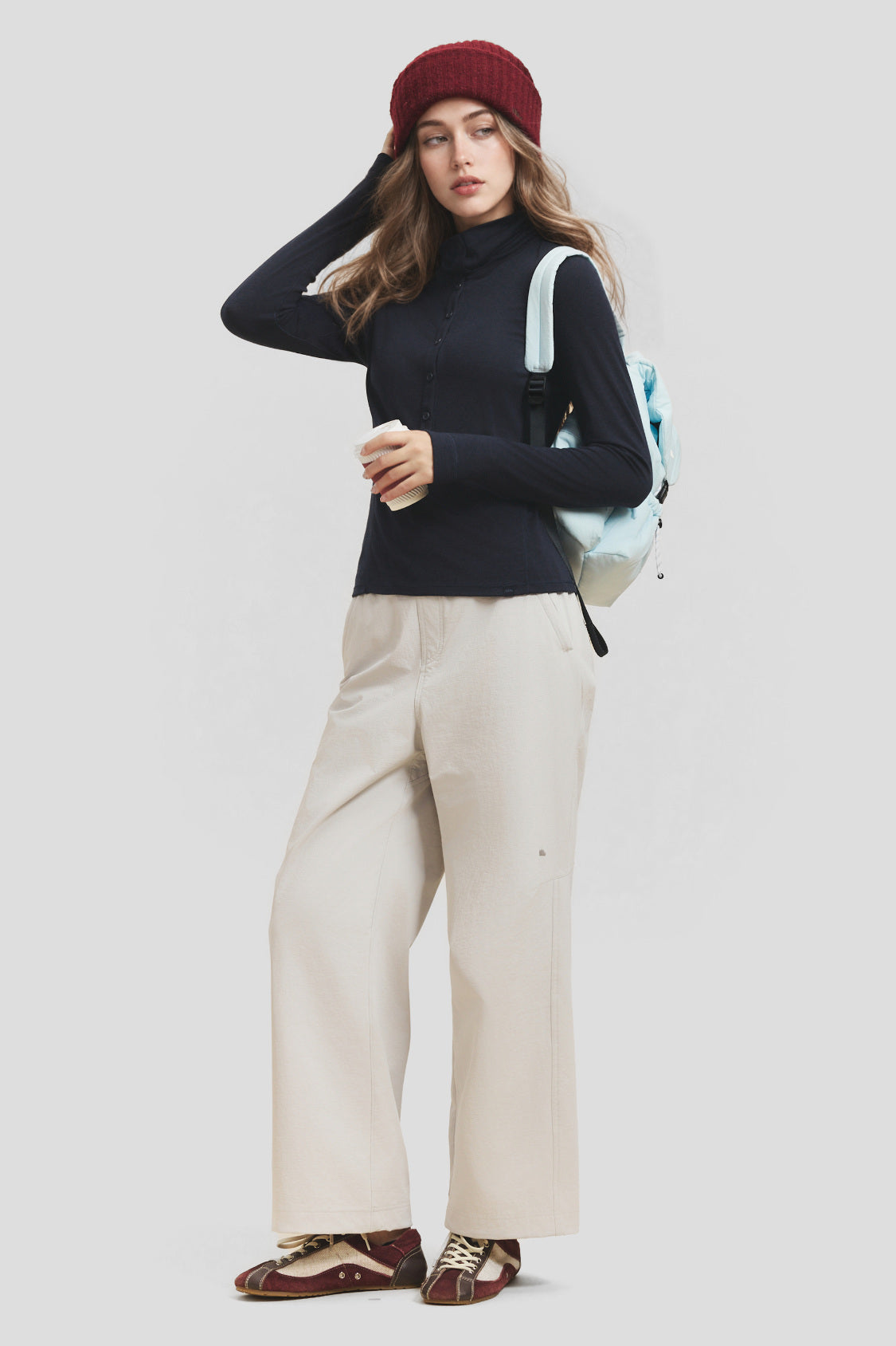 Haut de première couche pour femme en laine mélangée à col (chaleur moyenne) HW001