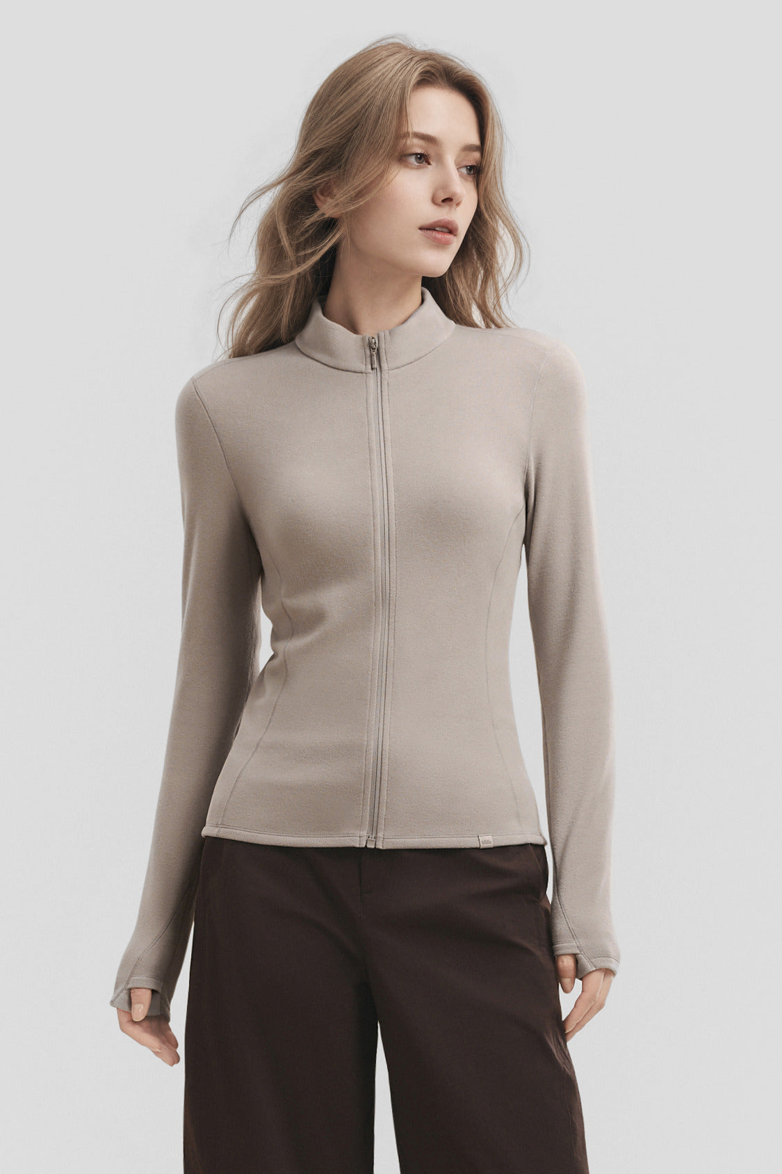 Women's High-Stretch Fleece Stand-Collar Two-Way-Zip Base Layer Top (Mid Warmth) PM021